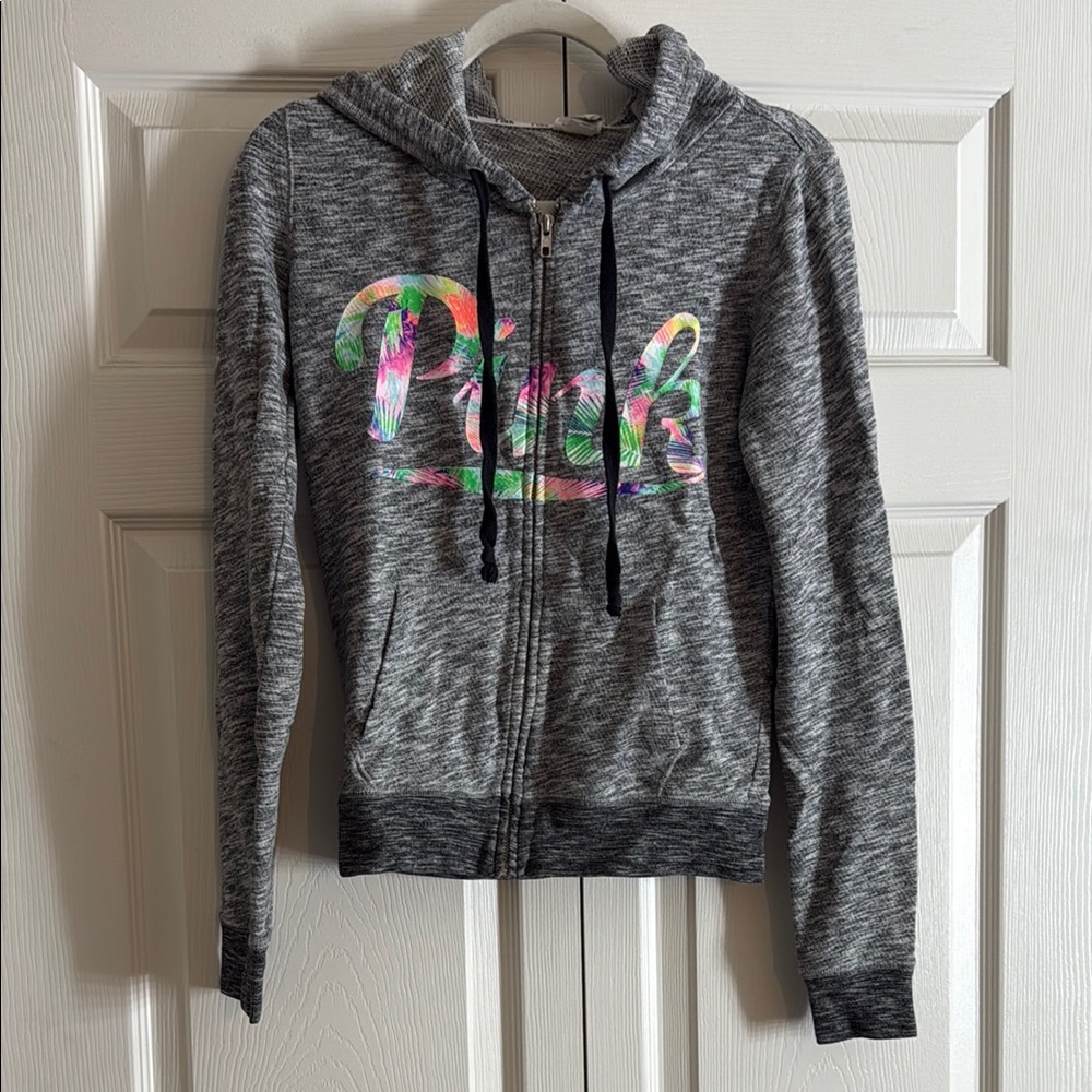 PINK Brand Gray Zip-Up Hoodie with Colorful Logo